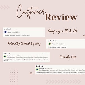 May include: A digital graphic titled Customer Review featuring four five-star feedback snippets from Etsy buyers. The text includes comments on product quality and delivery, alongside phrases like Shipping in DE & EU, Friendly Contact by etsy, and Friendly help.