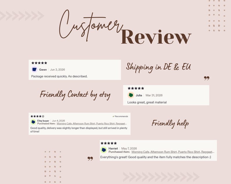 May include: A digital graphic titled Customer Review featuring four five-star feedback snippets from Etsy buyers. The text includes comments on product quality and delivery, alongside phrases like Shipping in DE & EU, Friendly Contact by etsy, and Friendly help.