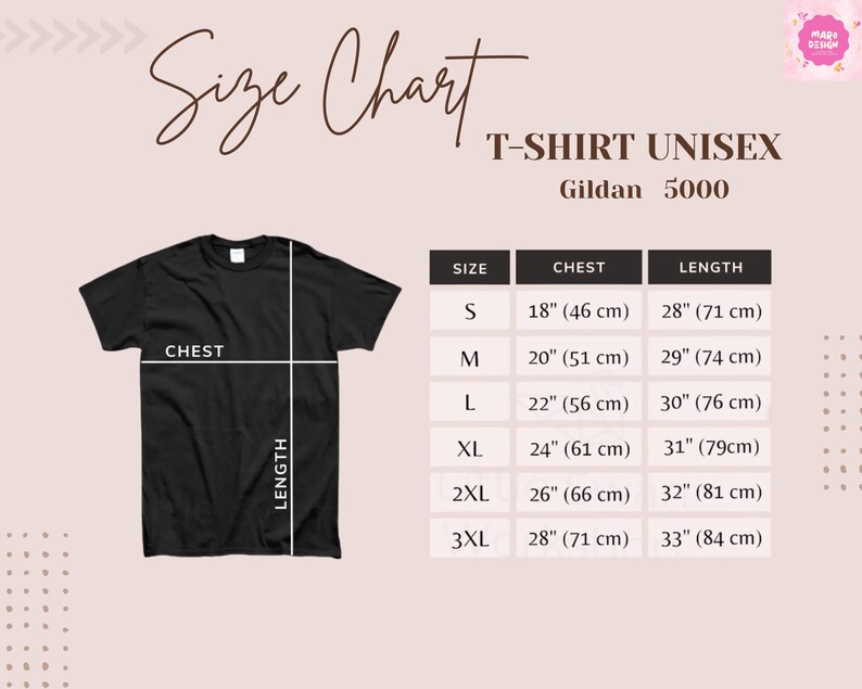 May include: A size chart for a Gildan 5000 unisex t-shirt featuring a black t-shirt graphic with chest and length measurement lines. A table lists sizes S through 3XL with corresponding chest and length measurements in centimetres from 46 to 84 cm.