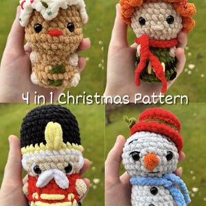 May include: Four crocheted Christmas ornaments: a gingerbread man, a doll with orange hair and a red scarf, a toy soldier, and a snowman. The text "4 in 1 Christmas Pattern" is displayed.