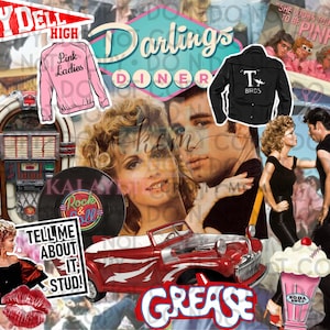 May include: A collage of images and text featuring elements from the movie Grease. Includes a red car, a jukebox, a pink jacket with "Pink Ladies" text, a black jacket with "T-Birds" text, and the words "Grease" and "Darlings Diner".