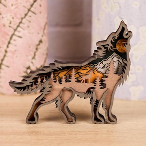 Wooden Howling Wolf Decor, 8&quot; x 6.5&quot; | Layered Forest Scene Art | 3D Wildlife Sculpture | Mountain Theme Gift | Unique Desk Shelf Decor