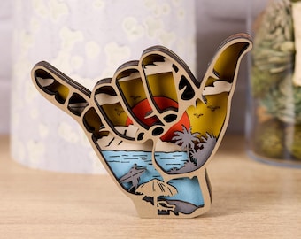 Handcrafted Layered Wood Shaka Sign: Beach Sunset Art, Aloha Decor (6.5" x 5")