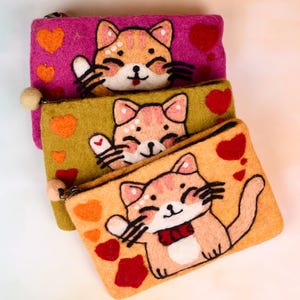 Felt Cat Coin Purse, 8&quot; x 5.5&quot;, Handmade Kitty Pouch, Cute Animal Wallet, Kawaii Felt Bag, Cat Lover Gift, Zippered Change Pouch