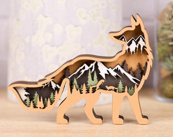 3D Wooden Fox Decor (7"x5"): Layered Mountain Scene, Woodland Art