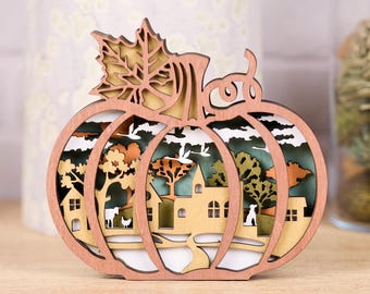 3D Wooden Harvest Pumpkin Decor (6"x6"): Rustic Autumn Farm Scene