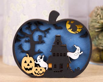 3D Haunted House Pumpkin Decor (6.5"x5.5"): Handcrafted Halloween Wood Sign