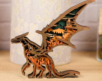 Handcrafted Wooden Dragon Shelf Decor (8"x7"): Layered Fantasy Art Sculpture