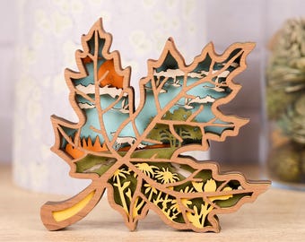 3D Maple Leaf Wood Decor (6"x6"): Autumn Forest Scene, Rustic Cabin Art