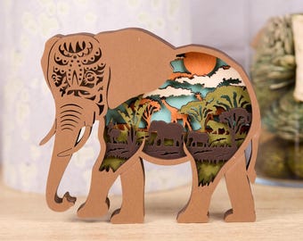 3D Wooden Elephant Scene (6"x5.5"): Handcrafted Savanna Decor