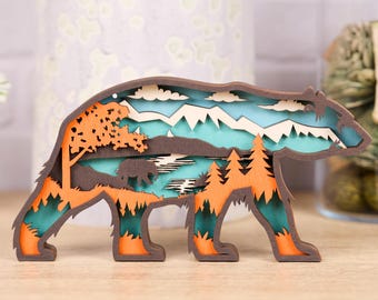 3D Wooden Bear Decor (9"x4.5"): Layered Mountain & Forest Art