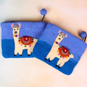 Wool Felt Llama Pouch, 5.5"x4.5" Handmade Alpaca Bag | Cute Animal Coin Purse | Llama Lover Gift | Whimsical Zipper Pouch, Colorful Felt Art