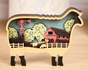 Layered Wood Sheep Decor, Farmhouse Scene, 3D Farm Animal Art