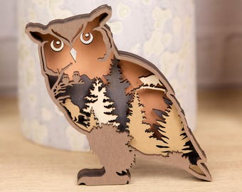 Layered Wood Owl Decor, 5" x 6", 3D Forest Scene Art