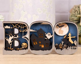 3D Wooden BOO Sign (9"x4"): Layered Halloween Haunted House Decor