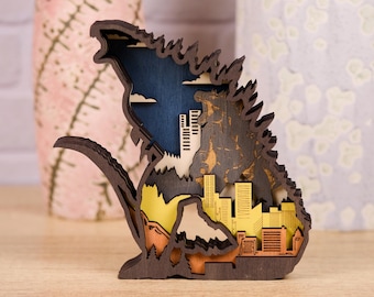 Handcrafted 3D Godzilla Wooden Art – 7.0 in x 7.0 in Desk Decor|Shelf Sitter – Gift for Husband or Kiddos or Godzilla Fans