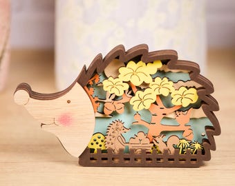 Layered Wood Hedgehog Decor, 7"x4", Woodland Scene, 3D Forest Animal Art,