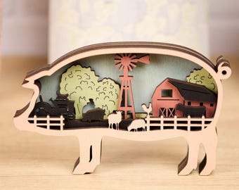 Layered Wood Pig Decor, Farmhouse Scene, 3D Farm Animal Art