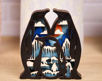 Layered Wood Penguin Family Decor, 5.25" x 6", Arctic Family Scene, Parent Gift
