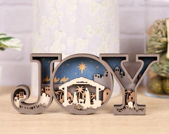 Handcrafted Nativity Scene Wood Decor (9"x4"): Layered Christmas "JOY" Sign