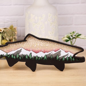 Wooden Rainbow Trout Wall Decor 15.5&quot; x 6&quot;, 3D Layered Lake Scene Hanger, Fisherman Gift, Rustic Cabin Decor, Handcrafted Fish Art