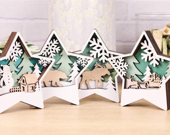 3D Wooden Christmas Star Decor (6"x6"): Layered Winter Scene Art