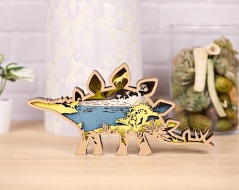 Layered Wood Stegosaurus Art (10"x5"), Prehistoric Landscape Art, Jurassic Nursery Decor