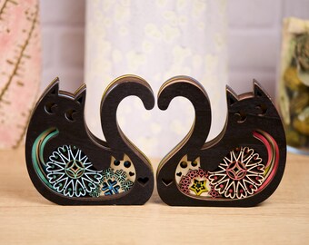 Layered Wood Cats Decor, 4.75" x 4.75" Each, 2 Piece Set, Unique Couple Gift