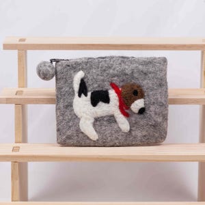 Monedero de fieltro de lana con cremallera (14 x 11,4 cm) – Preciosa cartera de perro beagle con bufanda roja, ideal para amantes de los perros