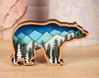 3D-Wandbild aus Holz, blauer Bär (17,8 x 10 cm): Handgefertigtes Walddekor aus Colorado