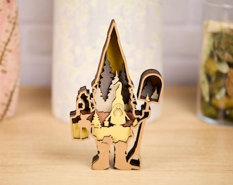 Layered Wood Gnome Decor, 4.5" x 7", 3D Forest Scene, Laser Cut Garden Art, Christmas Gift