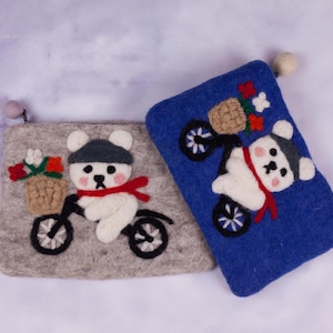 Bear on Bike Wool Felt Zippered Purse Collection – 8.0 in x 5.5 in – Everyday Use Felted Coin Purse, Card Holder – Mother&#39;s Day Gift