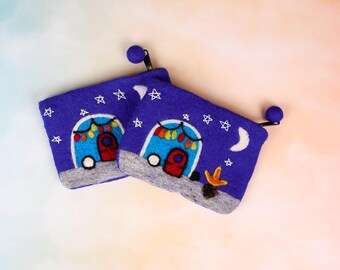 Handmade Wool Felt Camping Pouch, Camper Under Stars, Travel Coin Purse (5.5"x4.5")
