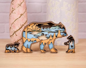 Handcrafted 3D Wooden Bear Family Art Set, 9.0 in x 7.0 in, Layered Mountain Landscape Desk Decor, Shelf Decor