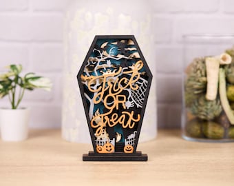3D Coffin Trick or Treat Sign (4.25"x7"): Layered Halloween Mantel Decor