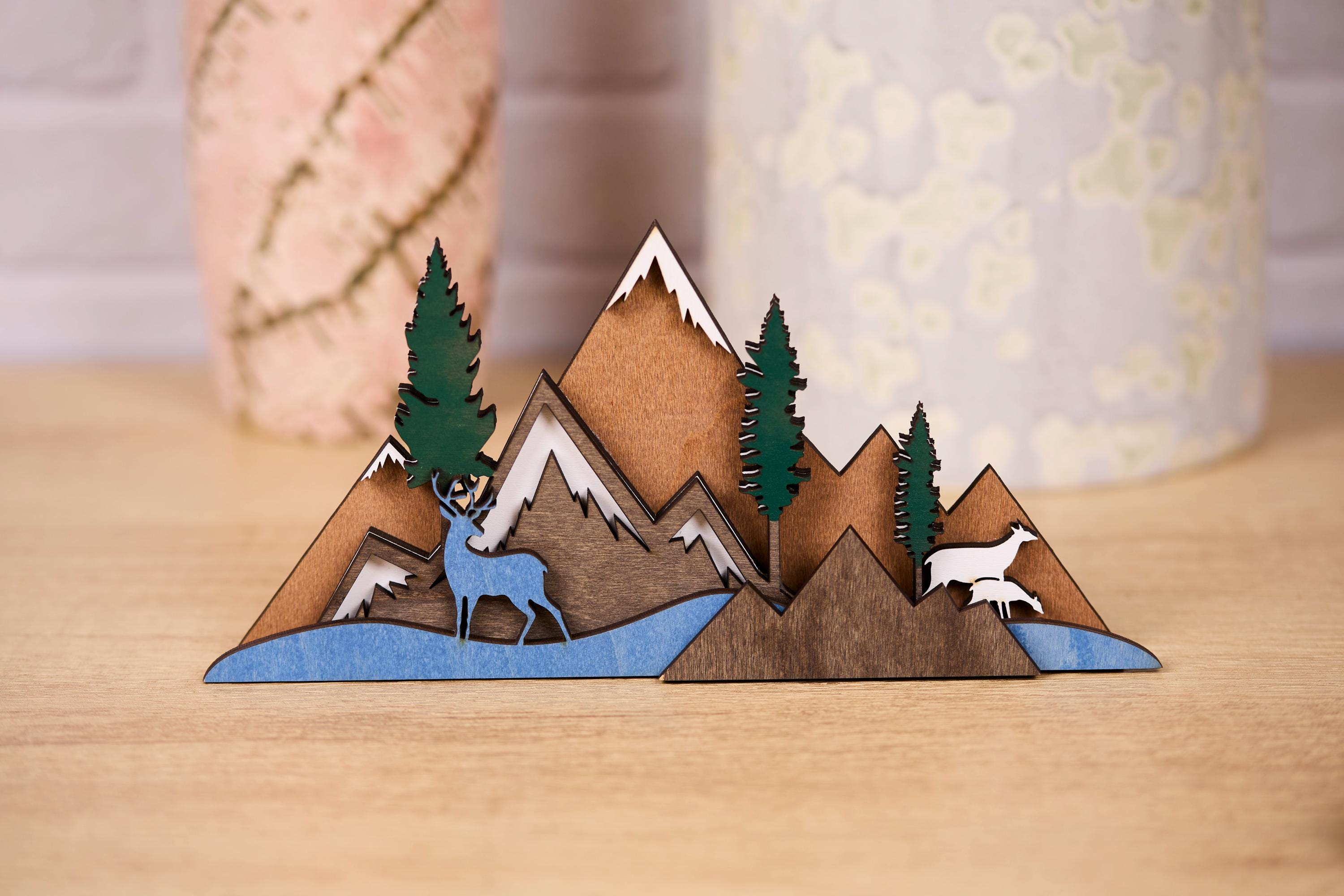 Handcrafted Mountain Scene Wooden Decor, 9" x 4" Shelf Display, Layered Nature Art with Deer & Trees, Housewarming Gifts – Colorado Made