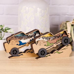 7.5 in x 5 in Jeep Off-Road Layered Wood Art, Rustic 4x4 Mountain Scene Shelf Decor, Adventure Gift for Him/Her, Jeep Lover Gift
