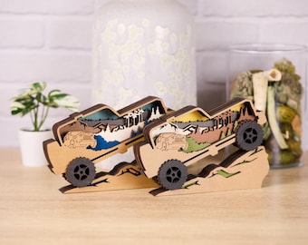 7.5 in x 5 in Jeep Off-Road Layered Wood Art, Rustic 4x4 Mountain Scene Shelf Decor, Adventure Gift for Him/Her, Jeep Lover Gift