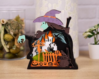 3D Wooden Witch Halloween Decor (7.25"x7.25"): Layered Haunted House Scene