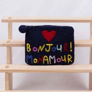 Collezione di portamonete con cerniera in feltro di lana – Bonjour! – 14 x 11 cm – Portamonete in feltro, porta carte – Regali di compleanno per lei, mamma