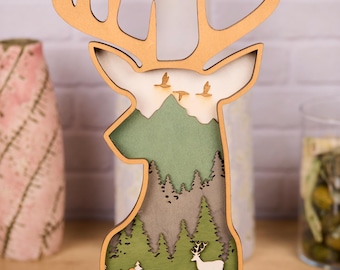 Layered Wooden Deer Head Art, 18"x8.5" Wall Hanger, Rustic Cabin Decor, Hunter Gift