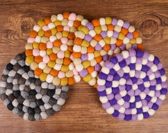 8 Inch Handmade Wool Felt Ball Trivet: Colorful Hot Pad Coaster for Multi-use