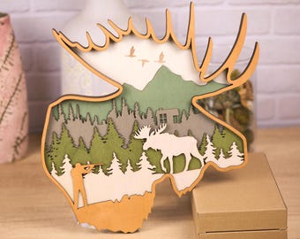 Layered Wooden Moose Head Wall Hanger Art, Hunting Cabin Decor