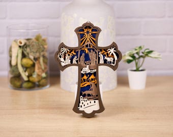 Handcrafted Nativity Cross: Layered Wood Wall Hanger, Christian Christmas Decor