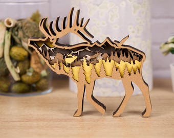 3D Wooden Elk Decor (8.25"x7"): Layered Mountain Scene, Rustic Cabin Art
