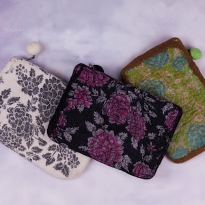 Wool Felt Zippered Coin Pouch Collection – 8.0 in x 5.5 in – Felted Cosmetic Bag, Phone Bag, Coin Purse|Flowers