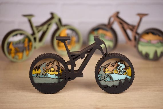 Handcrafted Wooden Mountain Bike Sculpture (9"x5"): Layered Cycling Art, Rider Gift