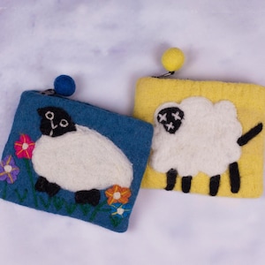 Wool Felt Zippered Coin Pouch Collection – Sheep – 5.5 In x 4.5 In – Felted Cosmetic Bag, Coin Purse