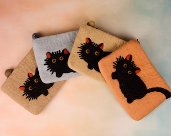 Wool Felt Black Cat Zippered Pouch: Handmade Coin Purse