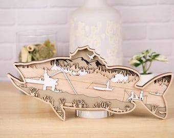 Geschichteter hölzerner Fisch-Wand-Aufhänger-Kunst - Handgefertigte Fischerszenen-Dekor